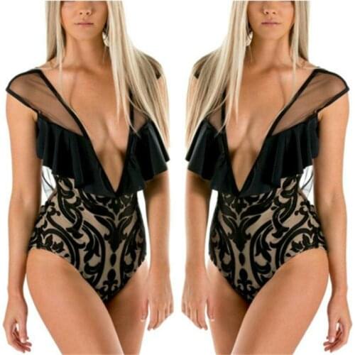 Women One Piece Mesh Swimwear Black Ruffled Low Cut Swimming Suit Padded Swimsuit Push Up V Neck Backless Biquini Bodysuit