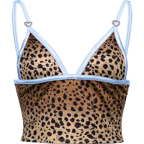 Womens Leopard Print Crop Top, Sexy V Neck Patchwork Sleeveless Spaghetti Straps T Shirts Clubwear