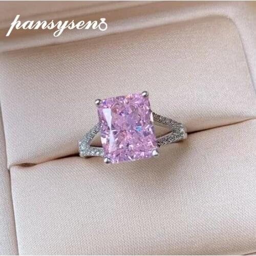 PANYSYSEN S925 Sterling Silver Pink Sapphire Citrine High Carbon Diamond Ring Women Radiant Cut Adjustable Open Rings Wholesale