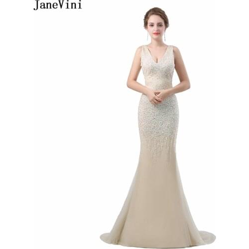JaneVini Sexy Deep V Neck Mermaid Mother of The Bride Dresses 2019 Luxury Heavy Beading Long Charming Women Evening Party Gowns