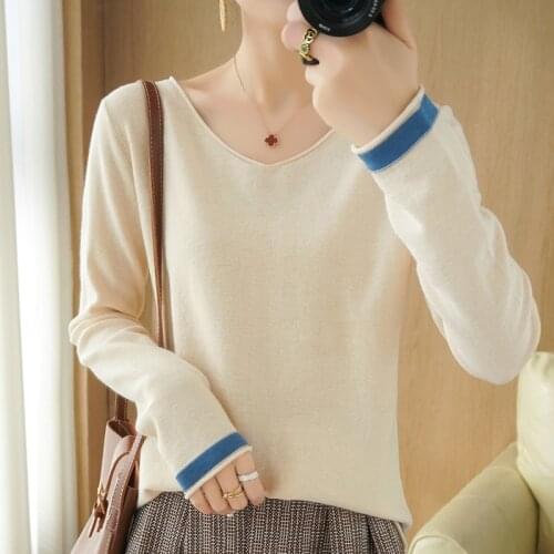 100% cotton long-sleeved sweater womens v-neck hit color pullover bottoming shirt cotton top 21 spring and autumn new