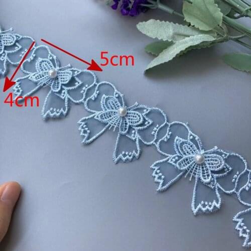 20X Blue Lace Trim Ribbon Pearl Vivid Lovely Double Layer Bowknot Embroidered Applique Fabric DIY Wedding Dress Sewing Supplie