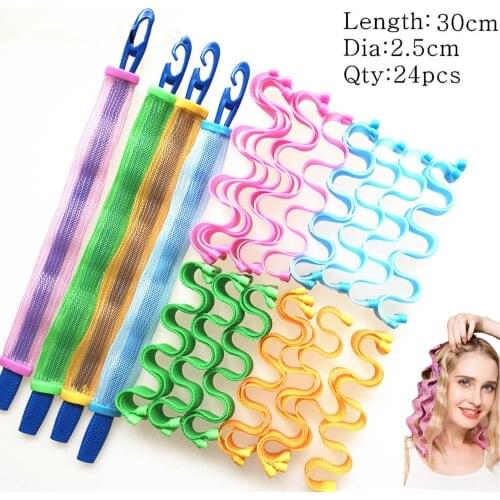 24pc Wave Hair Curlers No Heat Curlers 30cm Spiral Curls Styling Kit Magic Heatless Hair Curler Rolls With Styling Hooks