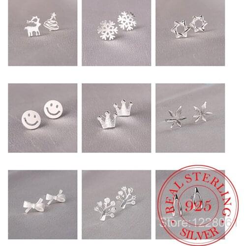 925 Solid Real Sterling Silver Korean Cute Piercing Bowknot Crown Star Stud Earrings For Women Girls 2020 Brincos Pendientes
