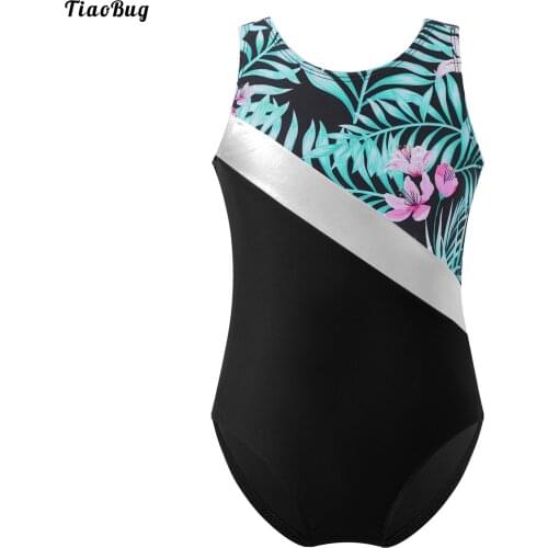 TiaoBug Kids Girls One-Piece Swimming Round Neck Sleeveless Patchwork Design Print Jumpsuit Bodysuit Dance Gymnastics Leotard