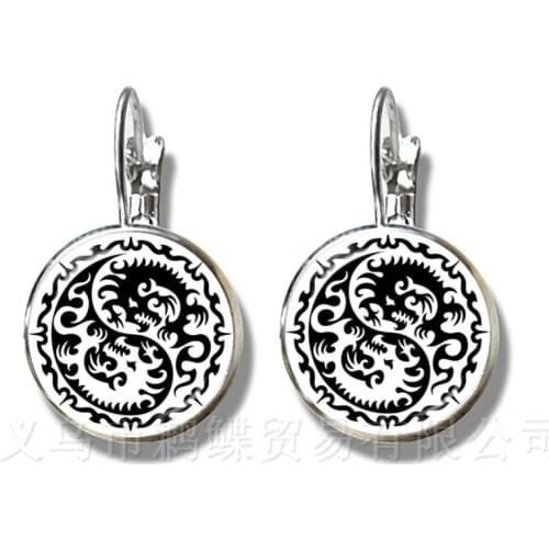Two Dragon Yin Yang Glass Dome Earrings Symbol Jewelry Natural Rustic Fashion Symbolizing Harmony Stud Earrings Good Luck