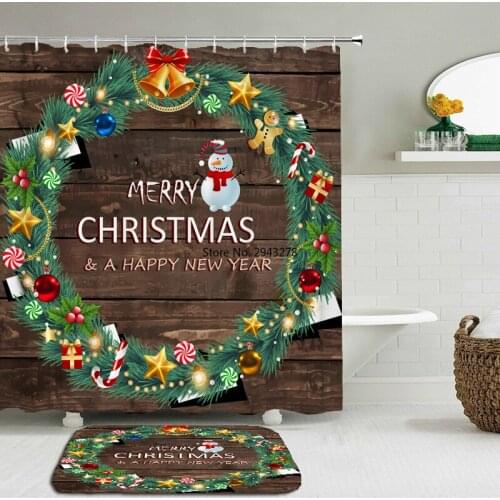 2Pcs/Set Christmas Shower Curtain Set Waterproof Non-Slip Mat Bathroom Rug Toilet FloorMat Polyester Cloth Home Decoration