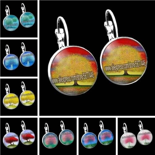Colorful Tree Round Glass Women Stud Earrings Beautiful Tree of Life Girls French Stud Earrings