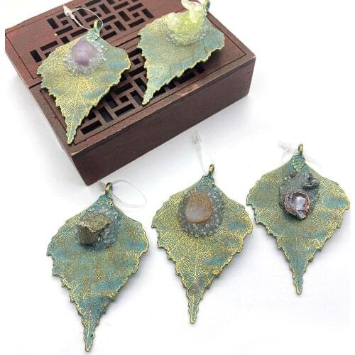 Zinc Alloy Natural Stone Leaf-shaped Pendant Green DIY Jewelry Making Necklace Accessories Inlaid Crystal Pendant 45x72mm