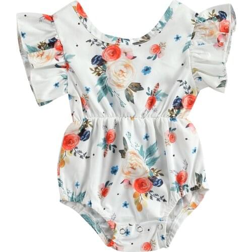 Infant Baby Girls Summer Romper, Floral O-Neck Ruffled Short Sleeves Jumpsuit with Crotch Button for Toddlers, 3-24 Months