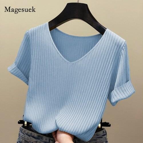 Summer Short Sleeve Knitted Tshirt 2021 Korean Loose Base Women Tops Casual Shirt New Solid Thin Knit Female Tee Shirt 13539