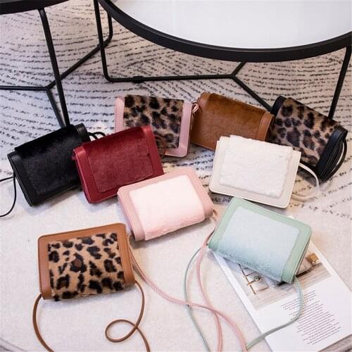 Fashion Women Shoulder Leopard Print Rabbit Fur Luxury Crossbody Messager Bag Small Square Handbag Party Evening Female Lady