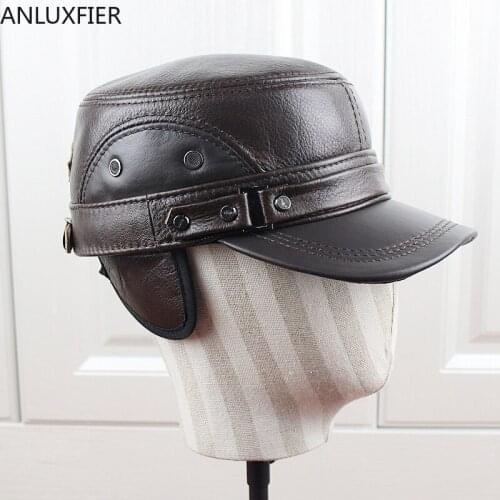 H6964 New Autumn Winter Mens Visor Hat Ear Protection Cowhide Flat Top Cap Male Genuine Leather Casual High Quality Fashion Hat