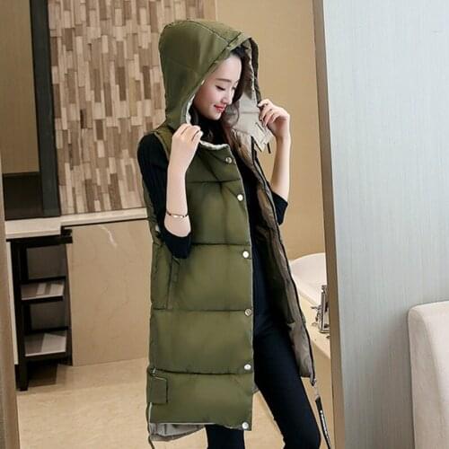 2017 NEW WOMEN AUTUMN WINTER VEST MEDIUM LENGTH HOODED THICKEN WARM PARKAS FEMALE COTTON PADDED WAISTCOAT HOT SALE ZL496