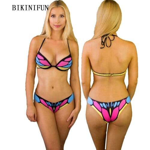 New Butterfly Print Bikini Set Women Swimsuit S-L Multi Color Bathing Suit Low Waist Swimwear Strappy Bandage Halter Bikini Set