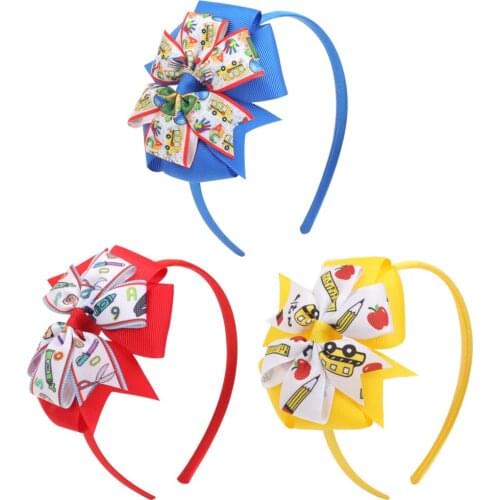 Cartoon Pencil Printed Ribbon Hair Bows For Girls Gift Kids Boutique Hair Clips Headband Children Student Hair Accessories
