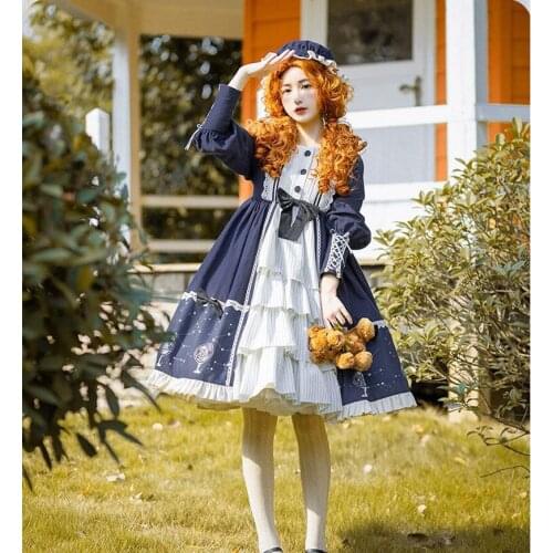 High Waist Cute Print Victorian Style Dress Gothic Lolita Op Loli Cos Vintage Palace Lolita Dress Stand Lace Bowknot Kawaii Dres