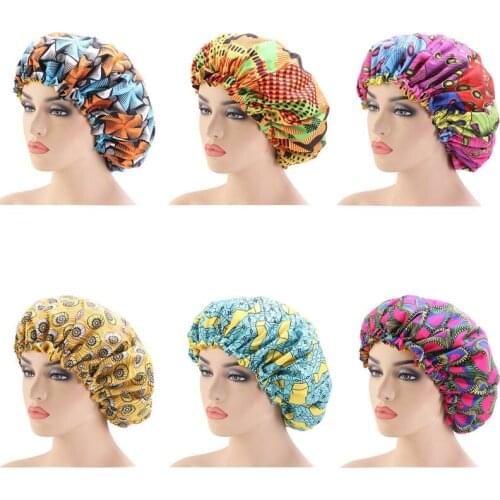 33cm Adjust Large Sleep Hair Styling Caps Print Hat Fabric Hair Bonnet Satin Lined Sleep Cap Night Hat Ladies Hair Styling Tool