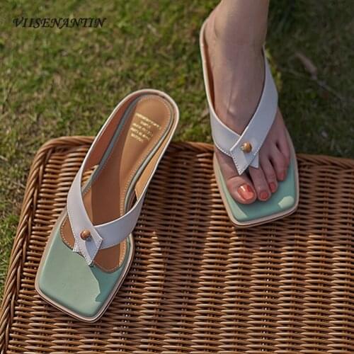 Retro flat-bottom square head flip-flops summer color matching leather casual all-match sandals and slippers women