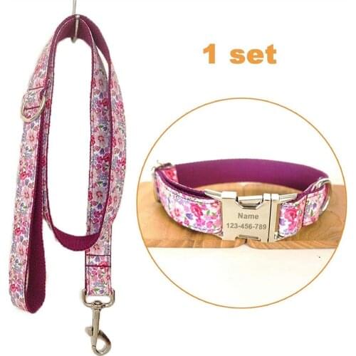 Customize Dog Collar Set Adjustable Pet Leash Rope Collar Set Print Style Premium Dog Collar Laser Engraving Flower Purple