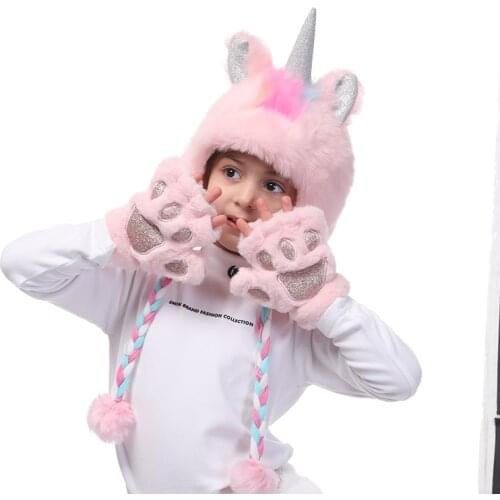 Unicorn Faux Fur Hoodie Hats for Girls Pink/White Warm Fingerless Plush Gloves Winter With Cat/Animal Paw Soft for Kids