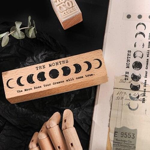 P15D 14Pcs/Set Vintage Months Letters Wooden Rubber Stamp Retro Moon Phase Dairy Stamps for Scrapbooking Stationery DIY Craft