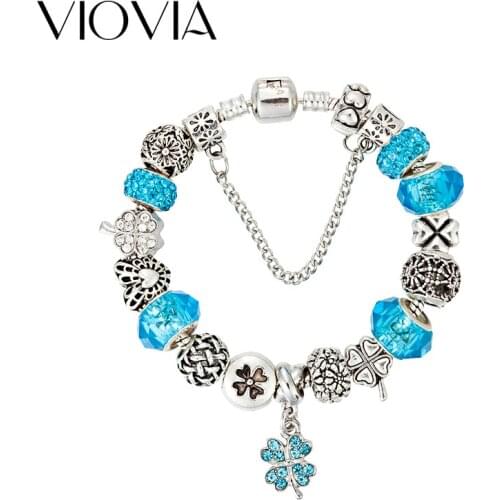 VIOVIA 2019 New Lucky Clover Charm Bracelets & Bangles Nicely Made Pink Crystal Beads Bracelets for Women DIY Jewelry B17013