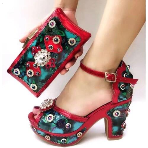 High grade red women pumps with big crystal nice decoration african dress shoes match handbag set V269,heel 10CM