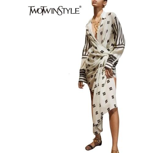 TWOTWINSTYLE Asymmetrical Print Dresses For Female Lapel Collar Long Sleeve High Waist Tunic Irregular Dress Womens Fashion