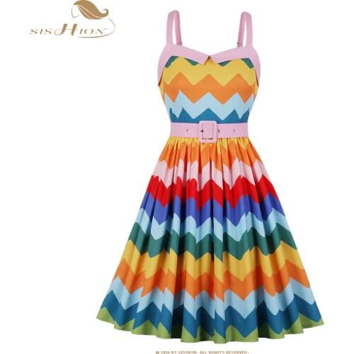 SISHON 2021 New Spaghetti Strap Colorful Wave Striped Women Summer Dress VD2056 Plus Size Robe Femme Y2K Sexy Dresses