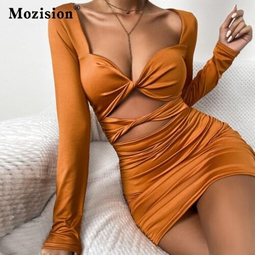 Mozision Autumn Hollow Out Long Sleeve Sexy Skinny Dress For Women Fashion Square Collar Bodycon Mini Dresses Female Party Dress