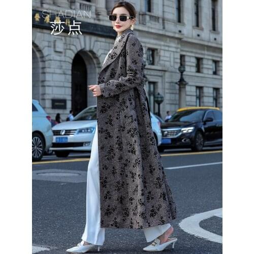 Printed Hepburn Tweed Coat Womens Autumn and Winter Temperament Medium Long Thickened Cashmere Coat Grey Thickened Tweed Coat