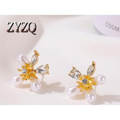ZYZQ Geometry Pearl Earrings Luxury Metal Gold Color Flowers Imitation Pearl Section Ear Rings Fashion Women Earring 2020