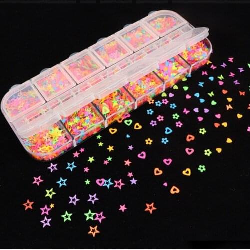 12 Grids Fluorescence Hollow Circle Sequins Neon Round Nail Art Glitter Flakes 3D DIY Colorful Slice Nail Art Decorations