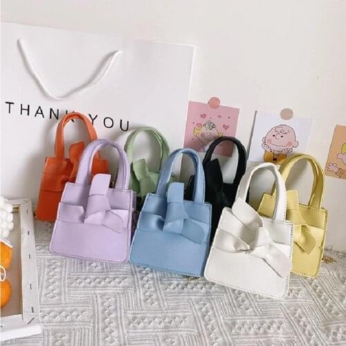 2021 Toddler Kids Girls Mini Tote Bag Bow PU Leather Solid Color Bowknot Purse Crossbody Bag with Metal Chain Shoulder Bags