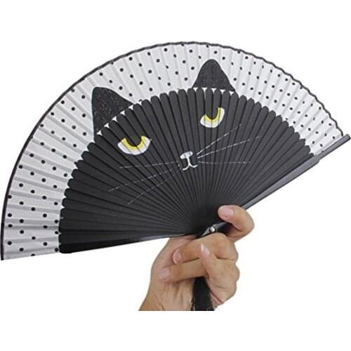 2021 Folding Hand Fan Craft Gift Vintage a Cat Pattern Tassel Dancing Wwomen Gift Home Living Room Office Decor Easy To Carry