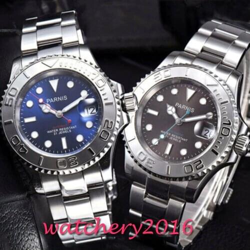 41mm PARNIS gray blue dial sapphire glass Magnifying date automatic mens Watch