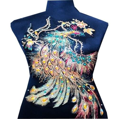 54x30cm Phoenix Diamond Embroidery Patch DIY Paillette Peacock Applique Material For Classic Clothes Dress Bags Curtain Decor