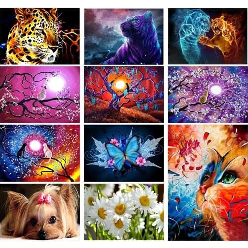 5D DIY Diamond Painting Scenery Full Round Drill Diamond Embroidery Tree Animal Tiger Cat Puppy Cross Stitch Kit Home Decor Gift