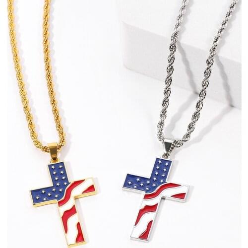 American USA National Flag Cross Pendant Necklace Gold silver Color Patriotic Gift Religious Jewelry necklaces for women men