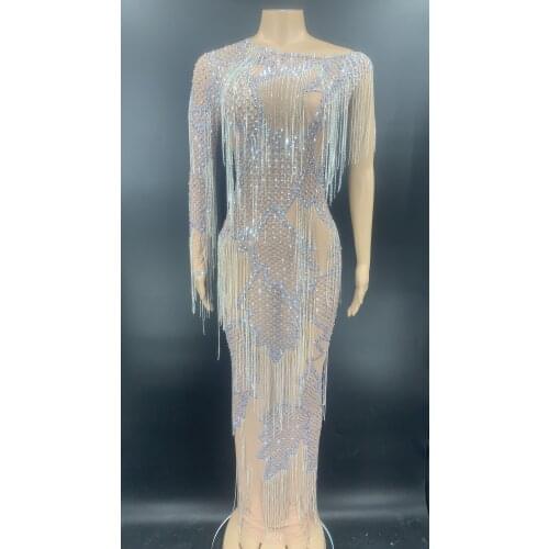 Flashing Silver Rhinestone Fringe Transparent Long Dress Birthday Celebrate Prom Outfit Women Dancer One Sleeve Dress