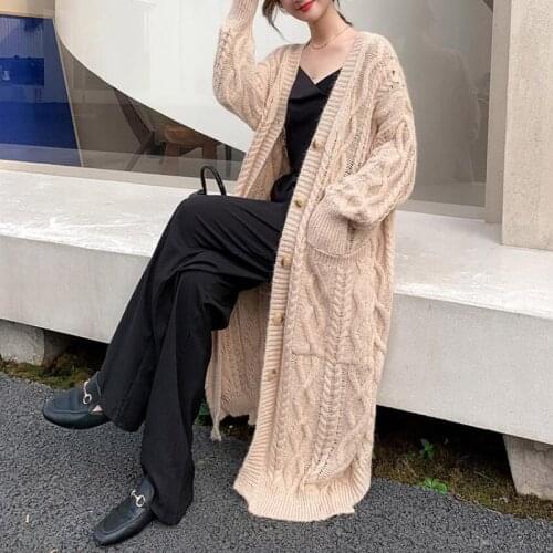 Long Knitted Hemp Flowers Lazy Sweater Single Breasted Winter Warm Women Overcoat Loose Long Sleeve Oversize Cardigan PH272