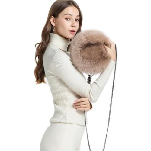 IANLAN Womens Genuine Full-pelt Fox Fur Shoulder Bags Ladies Solid Real Fur Coin Purse , Card Holder, Mobile Phone Bag IL00535
