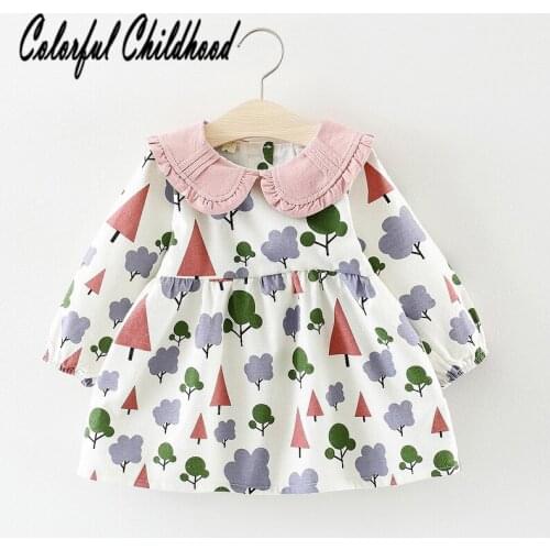 0-2Yrs soft autumn new born dress deformed doll collar trees patterns back button cotton breathable dress
