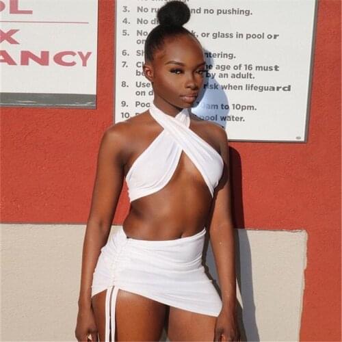 New Women Sexy Front Cross Halter Backless Dress Irregular Hem Hollow Out Waist Strappy Ruched Open Back Party Dress