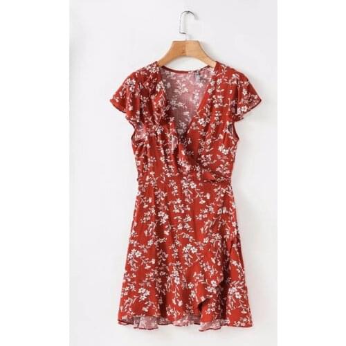 PERHAPS U Red Flower Floral V Neck Ruffle Short Sleeve Wrap Lace Up Print Mini Short Dress Sexy Vintage Beach Summer D0275