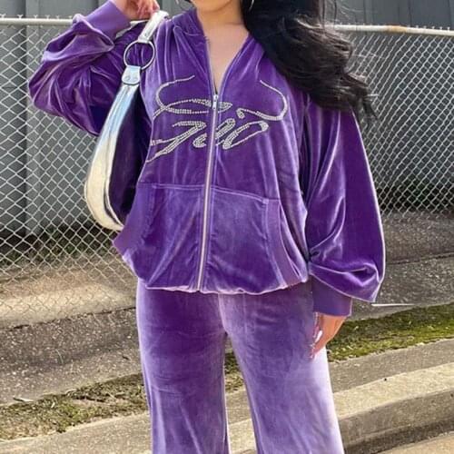 Casual Velvet Womens Tracksuit 2 Piece Sets Streetwear Casual Hot Drill Zipper Jacket Pants Set Y2K Letter Sports Trouser Suits