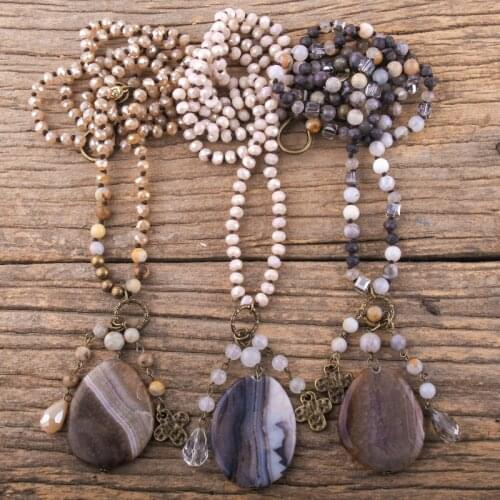 RH Fashion Bohemian Jewelry Accessory 6mm Glass & Stones Long Knotted With Stone Dorp Pendant Necklaces For Women Gift Dropship