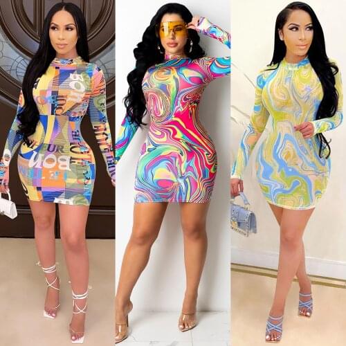 Sexy Holiday Dress Women Fashion O-neck Sheath Long Sleeve Party Mini Dress Elegant Pleated Short Party Dress 2021 Wholesale