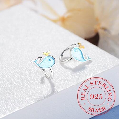 100% Sterling Silver Blue Lovely Cute Whale Stud Earrings For Girls Kids Children Creative Cute Marine Animals Girl Gift/gadgae